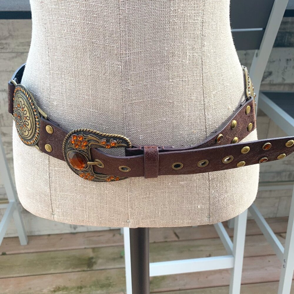 Vintage 90s Y2K Brown Leather Brass Rhinestone Stud Concho Boho Hip Belt